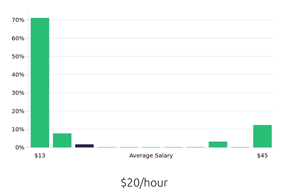 Graph depicting the hourly salary distribution for Sales Associate jobs in West Seneca, NY, showing an average salary of $20 with varying distribution percentages across salary ranges.