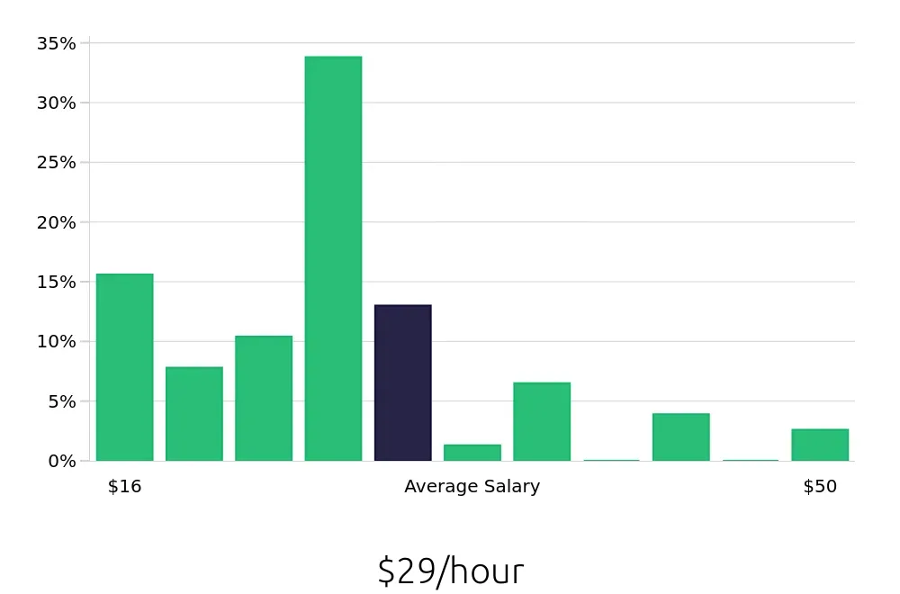 Graph depicting the hourly salary distribution for Sales Professional jobs in Boulder, CO, showing an average salary of $29 with varying distribution percentages across salary ranges.