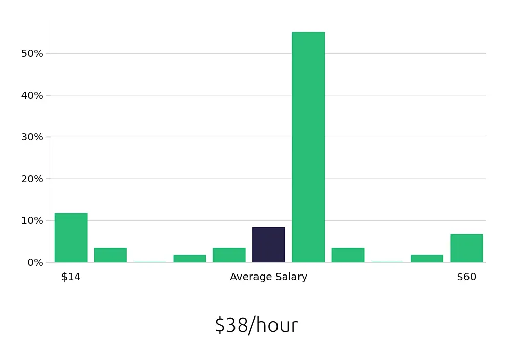 Graph depicting the hourly salary distribution for Sales Professional jobs in Buford, GA, showing an average salary of $38 with varying distribution percentages across salary ranges.