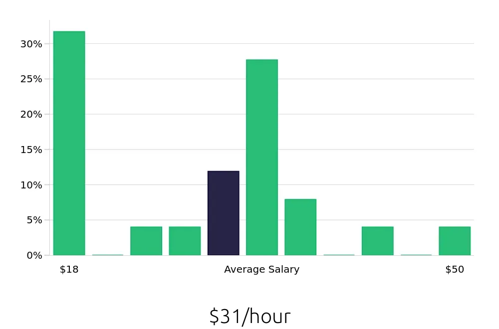 Graph depicting the hourly salary distribution for Sales Professional jobs in Clinton Township, MI, showing an average salary of $31 with varying distribution percentages across salary ranges.