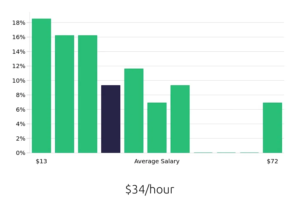 Graph depicting the hourly salary distribution for Sales Professional jobs in Fredericksburg, VA, showing an average salary of $34 with varying distribution percentages across salary ranges.