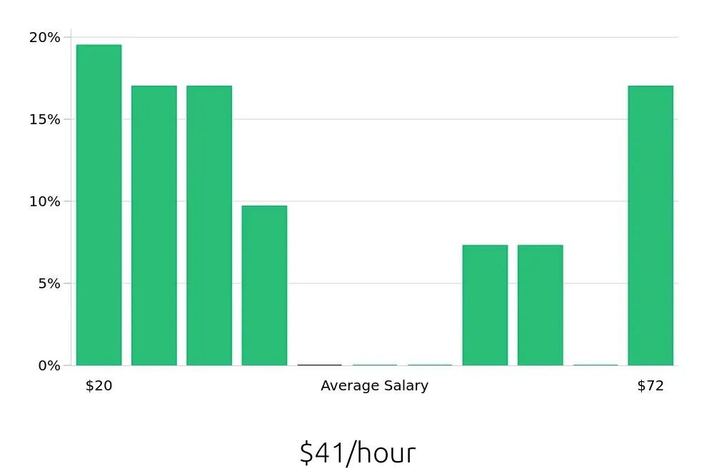 Graph depicting the hourly salary distribution for Sales Professional jobs in Harrisburg, PA, showing an average salary of $41 with varying distribution percentages across salary ranges.