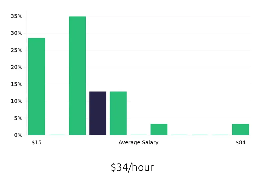Graph depicting the hourly salary distribution for Sales Professional jobs in Manchester, NH, showing an average salary of $34 with varying distribution percentages across salary ranges.