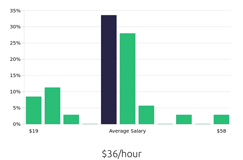 Graph depicting the hourly salary distribution for Sales Professional jobs in North Charleston, SC, showing an average salary of $36 with varying distribution percentages across salary ranges.