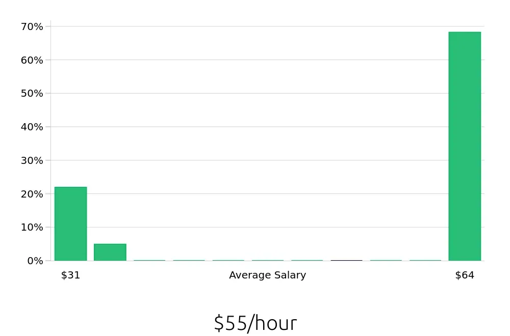 Graph depicting the hourly salary distribution for Sales Professional jobs in North Platte, NE, showing an average salary of $55 with varying distribution percentages across salary ranges.