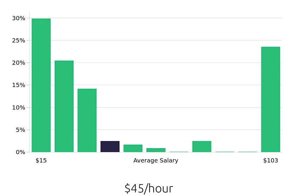Graph depicting the hourly salary distribution for Sales Professional jobs in Rochester, NY, showing an average salary of $45 with varying distribution percentages across salary ranges.