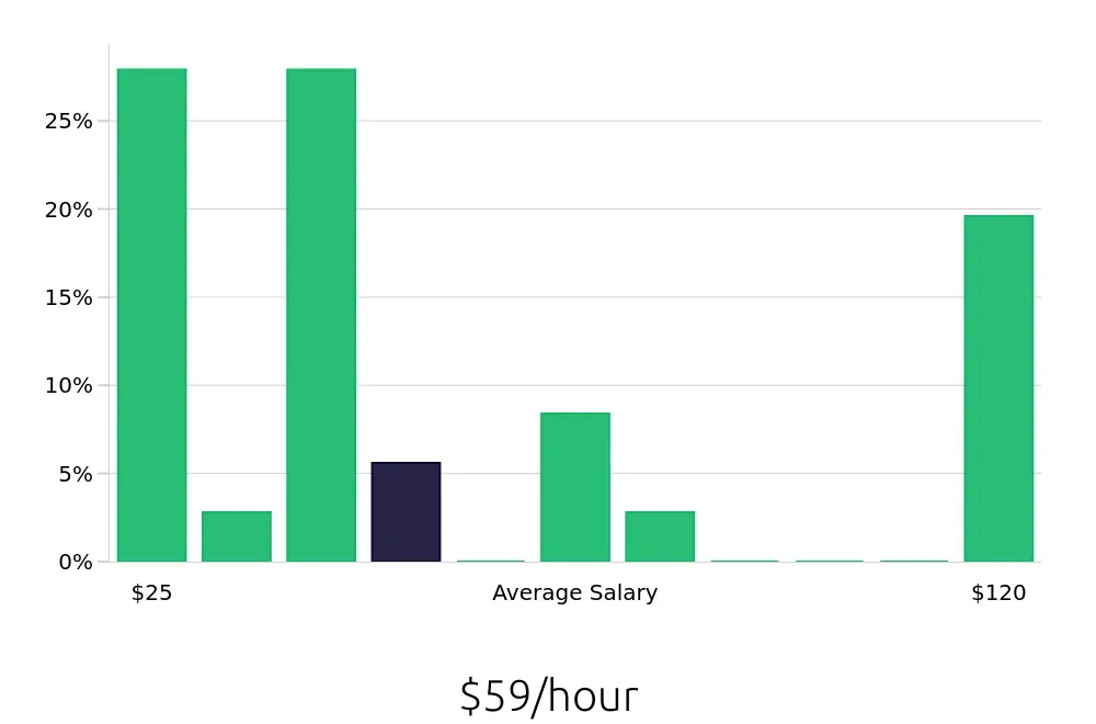 Graph depicting the hourly salary distribution for Sales Professional jobs in South Bend, IN, showing an average salary of $59 with varying distribution percentages across salary ranges.