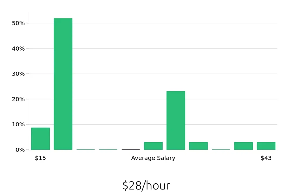 Graph depicting the hourly salary distribution for Sales Professional jobs in Vista, CA, showing an average salary of $28 with varying distribution percentages across salary ranges.