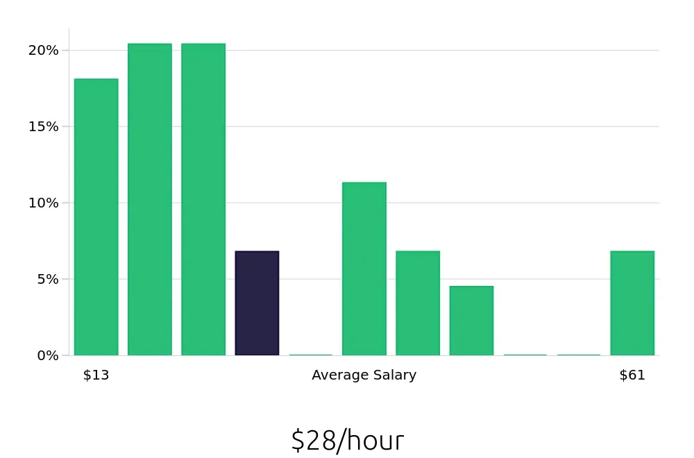 Graph depicting the hourly salary distribution for Sales Professional jobs in Winston-Salem, NC, showing an average salary of $28 with varying distribution percentages across salary ranges.