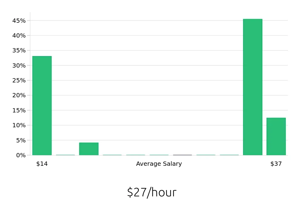 Graph depicting the hourly salary distribution for Sales Professional jobs in Wylie, TX, showing an average salary of $27 with varying distribution percentages across salary ranges.