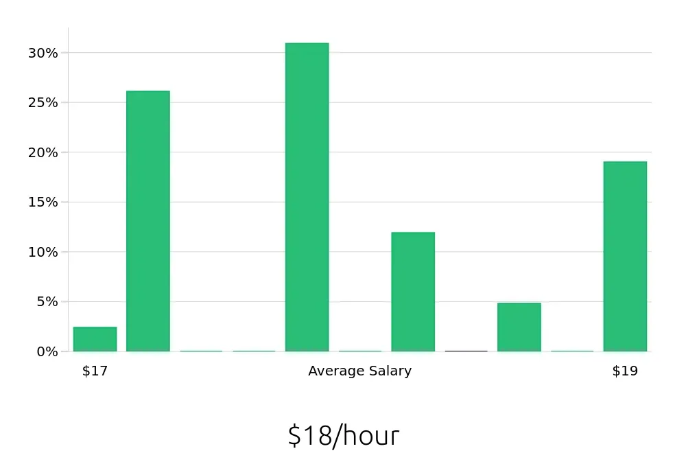 Graph depicting the hourly salary distribution for Security Guard jobs in Braintree, MA, showing an average salary of $18 with varying distribution percentages across salary ranges.