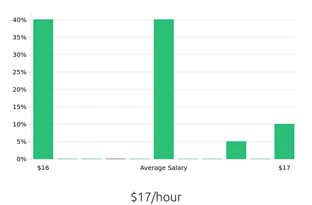 Graph depicting the hourly salary distribution for Security Guard jobs in Dublin, OH, showing an average salary of $17 with varying distribution percentages across salary ranges.
