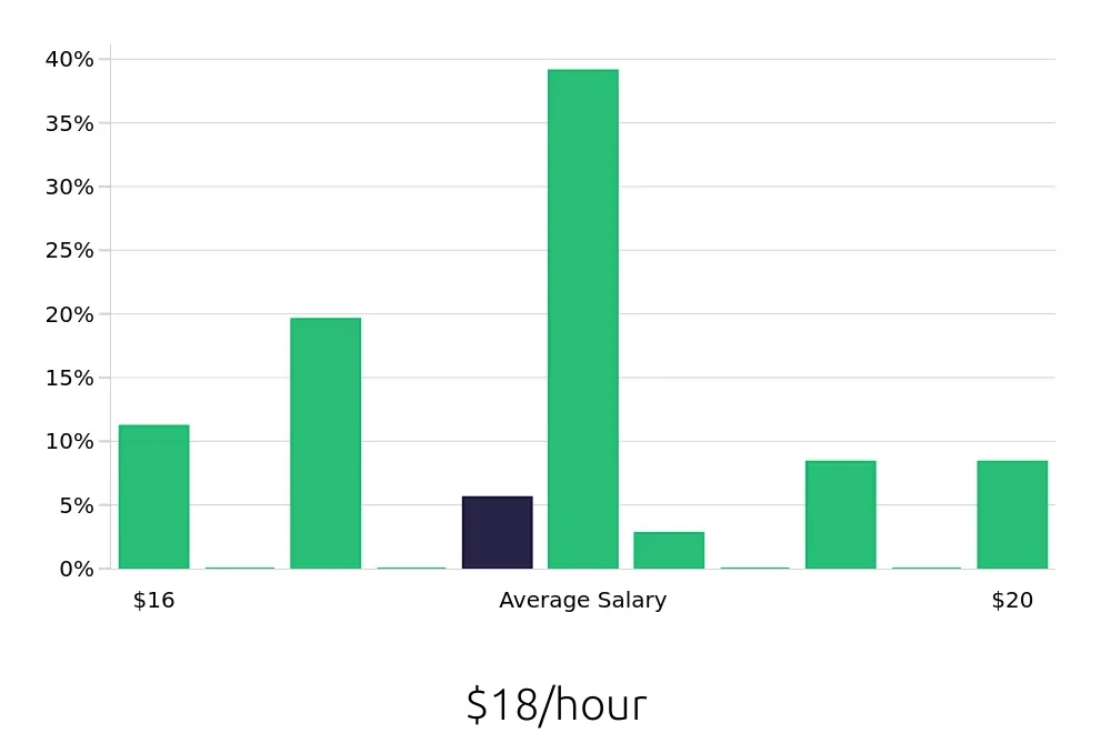 Graph depicting the hourly salary distribution for Security Guard jobs in East Brunswick, NJ, showing an average salary of $18 with varying distribution percentages across salary ranges.