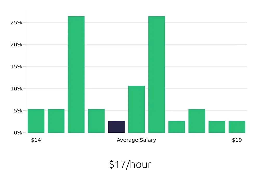 Graph depicting the hourly salary distribution for Security Guard jobs in Niagara Falls, NY, showing an average salary of $17 with varying distribution percentages across salary ranges.