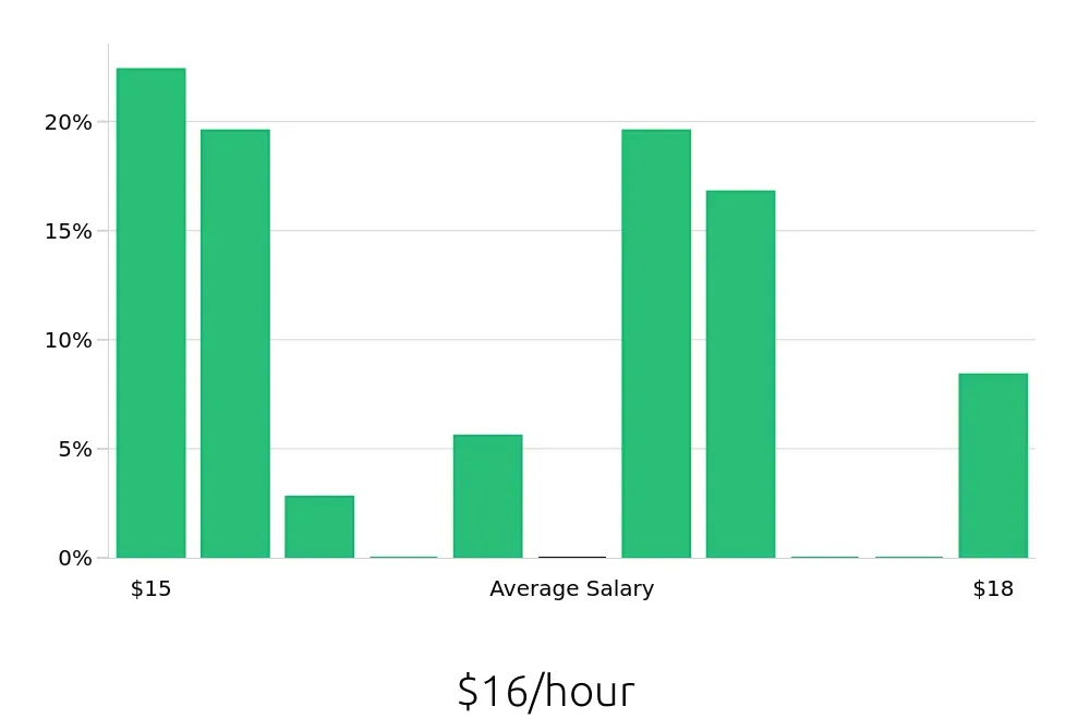 Graph depicting the hourly salary distribution for Security Guard jobs in Rincon, GA, showing an average salary of $16 with varying distribution percentages across salary ranges.
