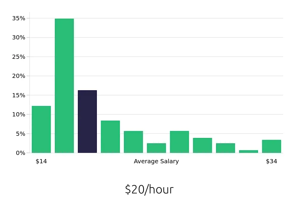 Graph depicting the hourly salary distribution for Security Guard jobs in Rochester, NY, showing an average salary of $20 with varying distribution percentages across salary ranges.