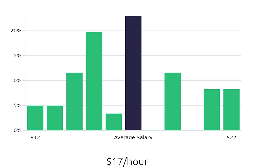 Graph depicting the hourly salary distribution for Security Guard jobs in Salem, VA, showing an average salary of $17 with varying distribution percentages across salary ranges.
