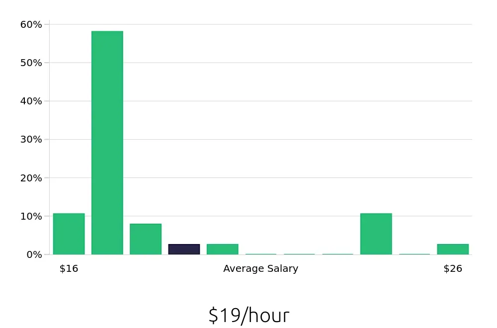 Graph depicting the hourly salary distribution for Security Guard jobs in Taunton, MA, showing an average salary of $19 with varying distribution percentages across salary ranges.