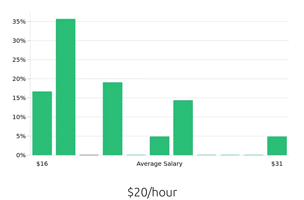 Graph depicting the hourly salary distribution for Security Guard jobs in Temecula, CA, showing an average salary of $20 with varying distribution percentages across salary ranges.