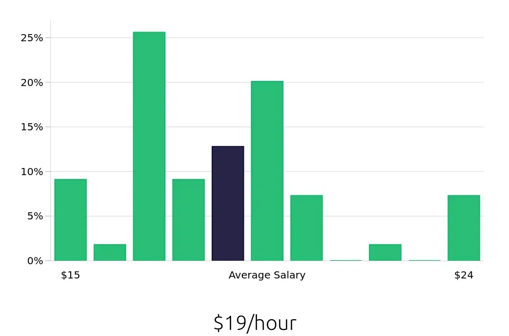 Graph depicting the hourly salary distribution for Security Guard jobs in Worcester, MA, showing an average salary of $19 with varying distribution percentages across salary ranges.
