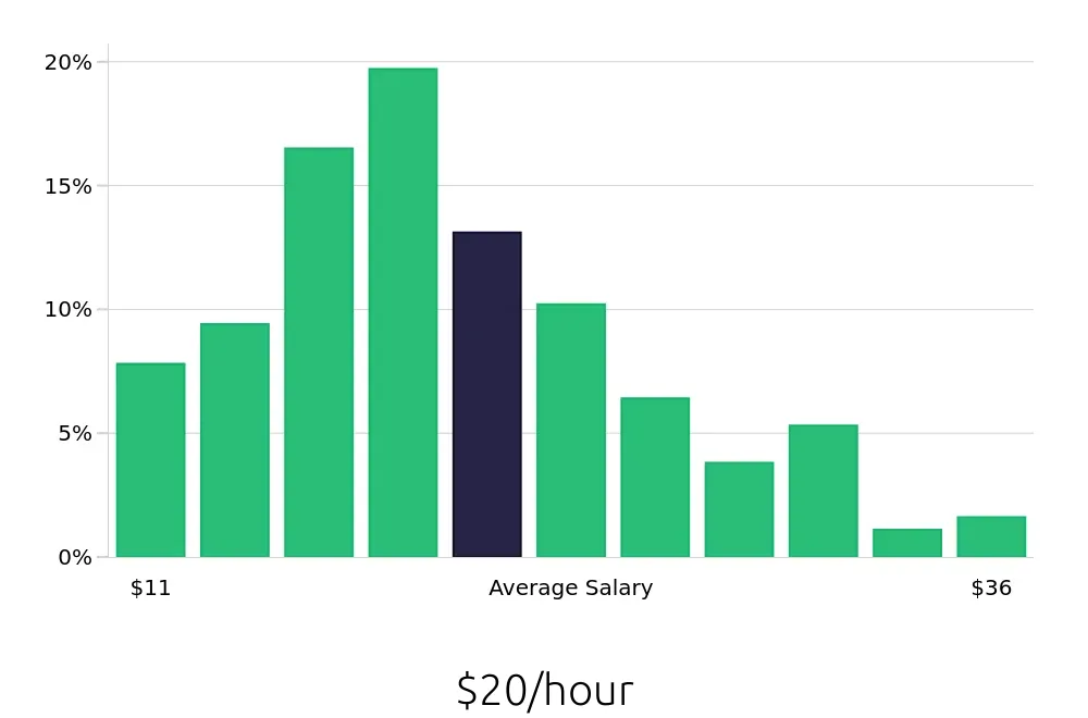 Graph depicting the hourly salary distribution for Server jobs in Arlington, VA, showing an average salary of $20 with varying distribution percentages across salary ranges.