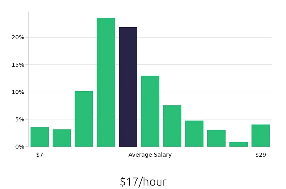 Graph depicting the hourly salary distribution for Server jobs in Asheville, NC, showing an average salary of $17 with varying distribution percentages across salary ranges.