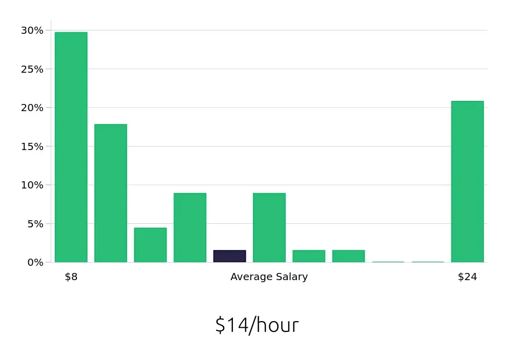 Graph depicting the hourly salary distribution for Server jobs in Auburn, NY, showing an average salary of $14 with varying distribution percentages across salary ranges.