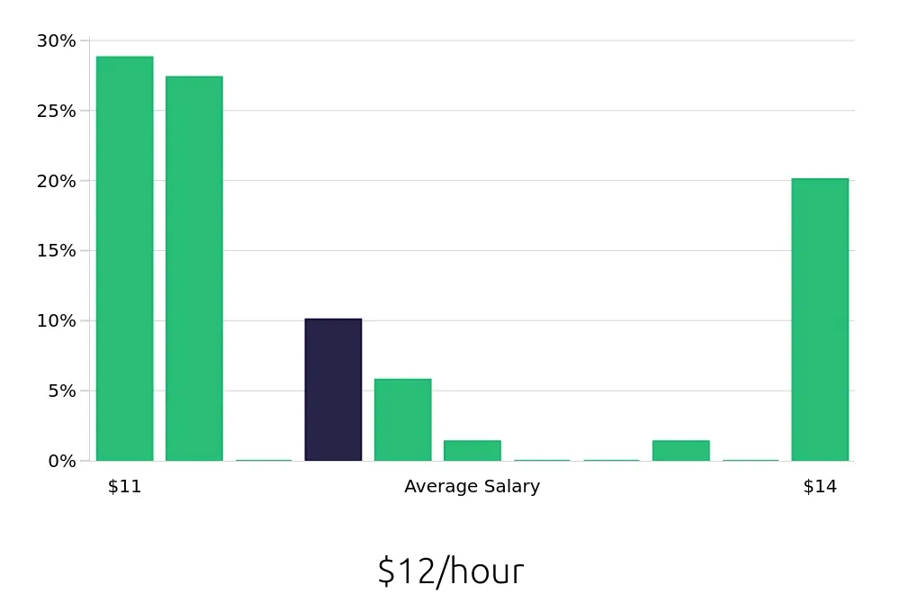 Graph depicting the hourly salary distribution for Server jobs in Barberton, OH, showing an average salary of $12 with varying distribution percentages across salary ranges.