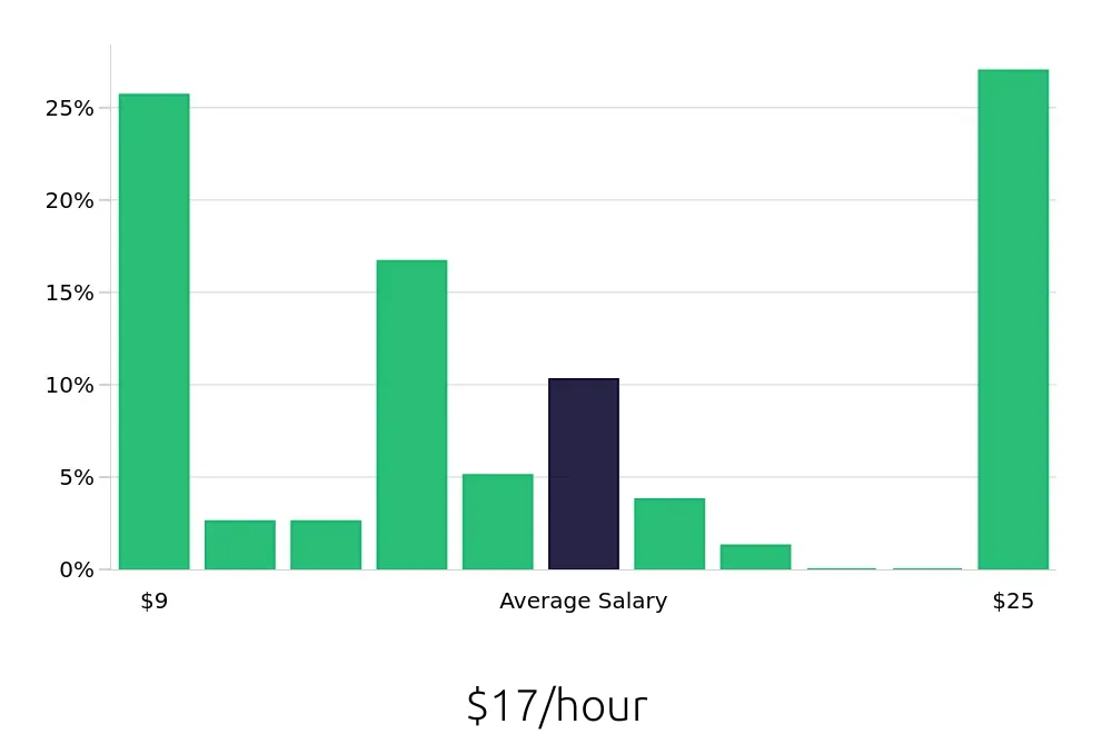 Graph depicting the hourly salary distribution for Server jobs in Binghamton, NY, showing an average salary of $17 with varying distribution percentages across salary ranges.