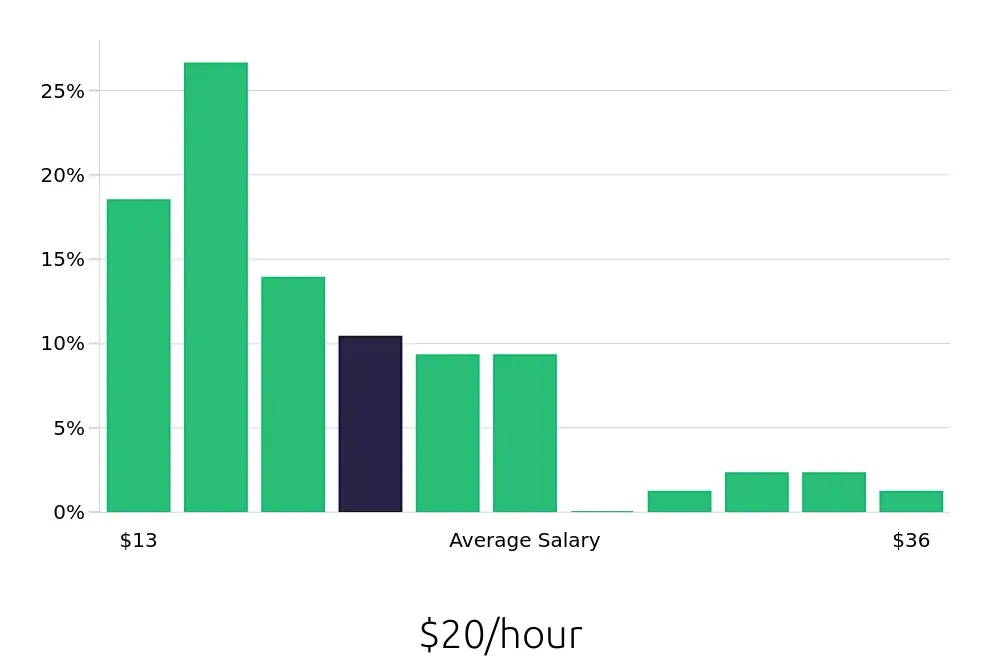 Graph depicting the hourly salary distribution for Server jobs in Braintree, MA, showing an average salary of $20 with varying distribution percentages across salary ranges.