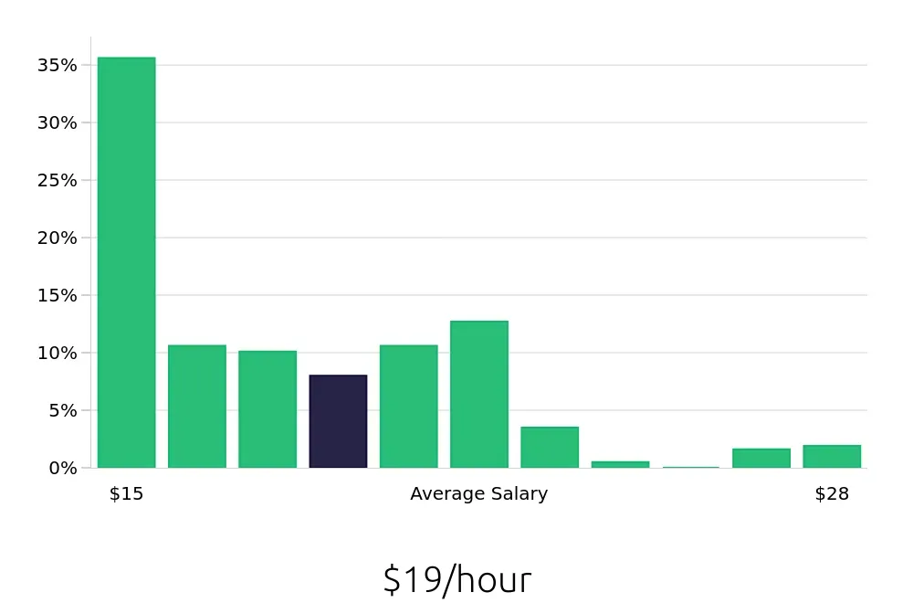 Graph depicting the hourly salary distribution for Server jobs in Costa Mesa, CA, showing an average salary of $19 with varying distribution percentages across salary ranges.