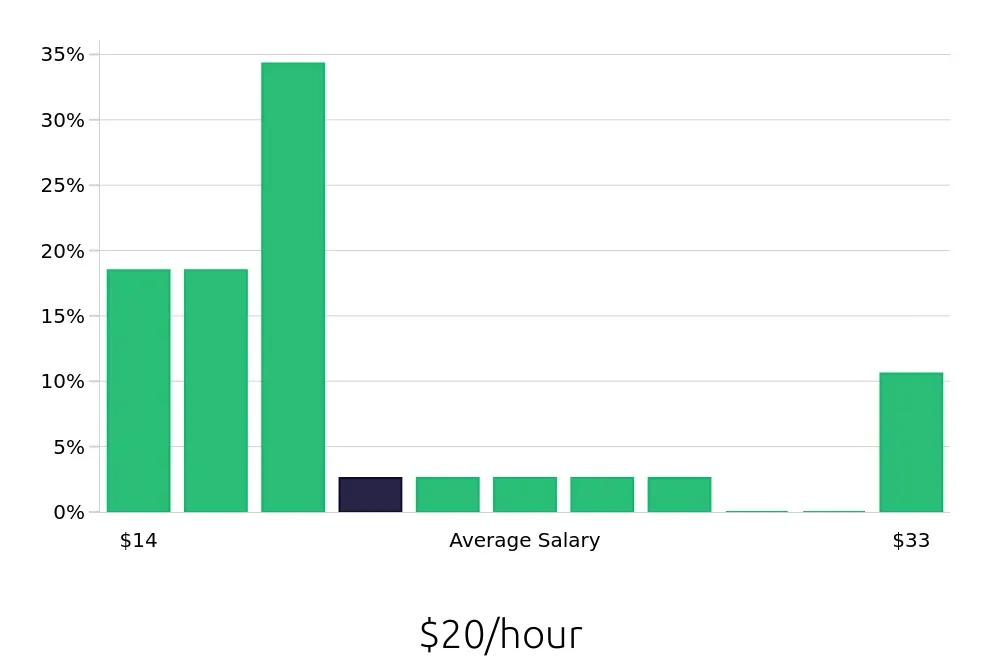 Graph depicting the hourly salary distribution for Server jobs in Dorchester, MA, showing an average salary of $20 with varying distribution percentages across salary ranges.