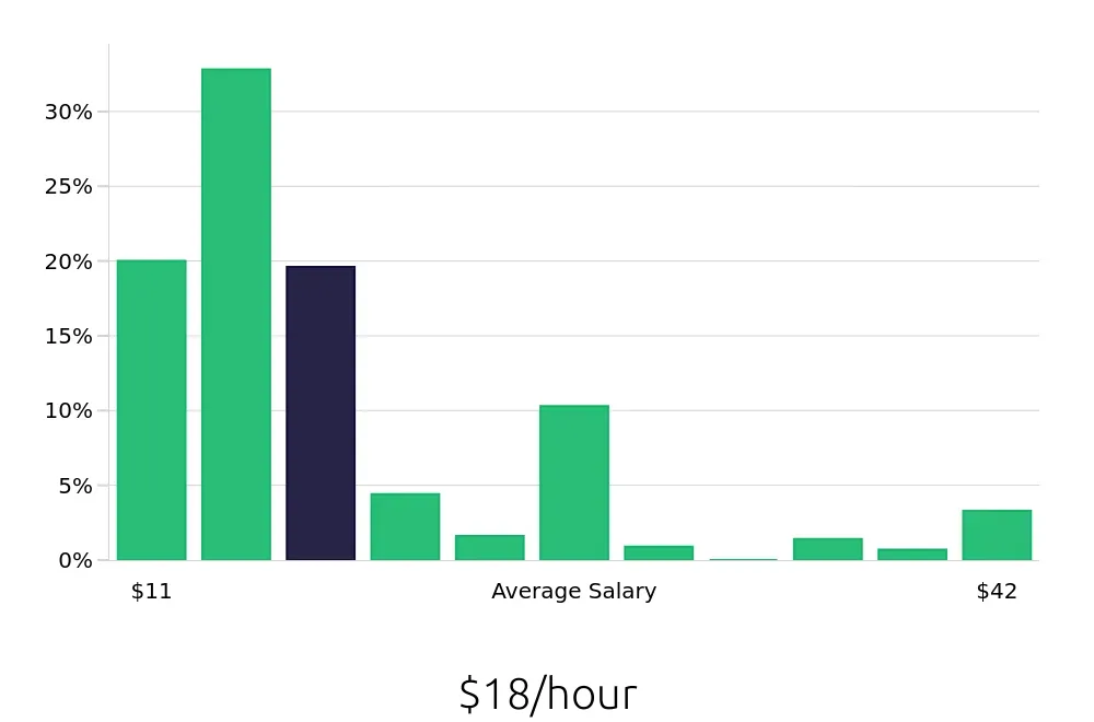 Graph depicting the hourly salary distribution for Server jobs in Duluth, GA, showing an average salary of $18 with varying distribution percentages across salary ranges.