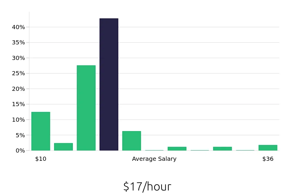 Graph depicting the hourly salary distribution for Server jobs in Garden City, NY, showing an average salary of $17 with varying distribution percentages across salary ranges.