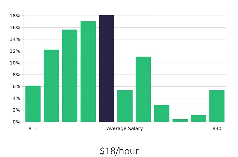 Graph depicting the hourly salary distribution for Server jobs in Grand Rapids, MI, showing an average salary of $18 with varying distribution percentages across salary ranges.
