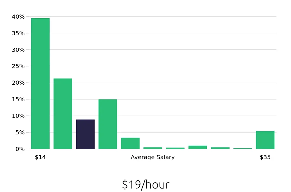 Graph depicting the hourly salary distribution for Server jobs in Irvine, CA, showing an average salary of $19 with varying distribution percentages across salary ranges.