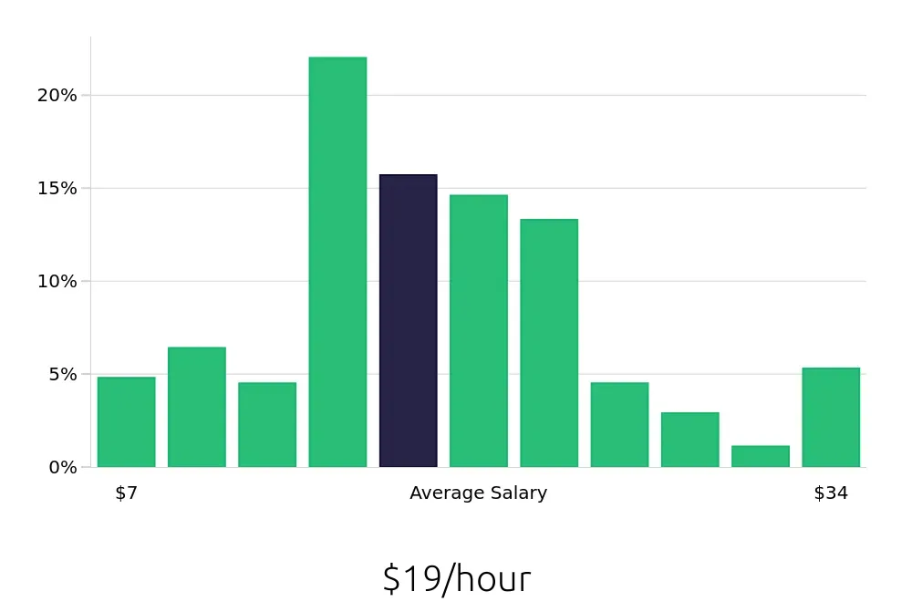Graph depicting the hourly salary distribution for Server jobs in Manchester, NH, showing an average salary of $19 with varying distribution percentages across salary ranges.