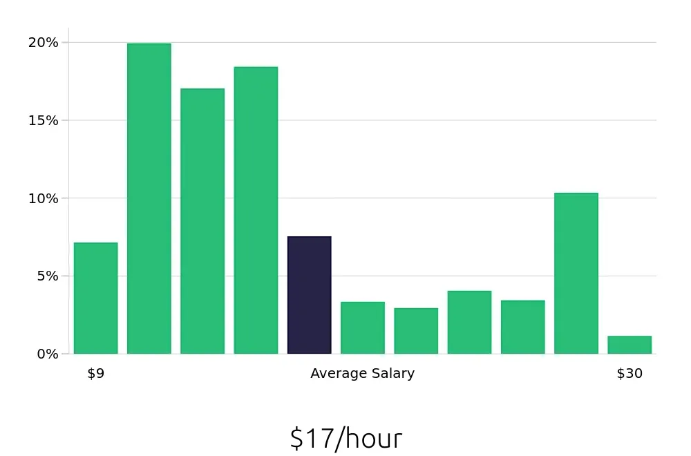 Graph depicting the hourly salary distribution for Server jobs in Marietta, GA, showing an average salary of $17 with varying distribution percentages across salary ranges.