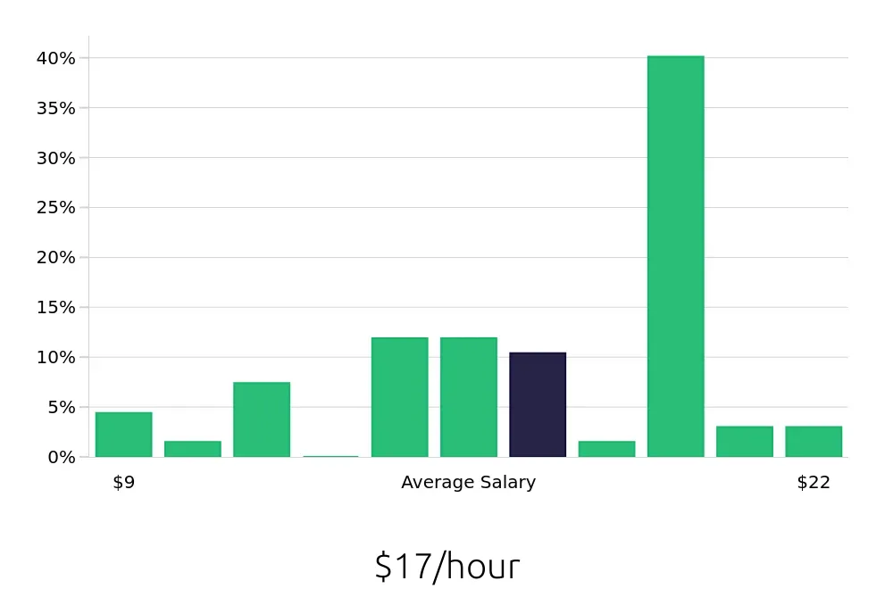 Graph depicting the hourly salary distribution for Server jobs in Marquette, MI, showing an average salary of $17 with varying distribution percentages across salary ranges.