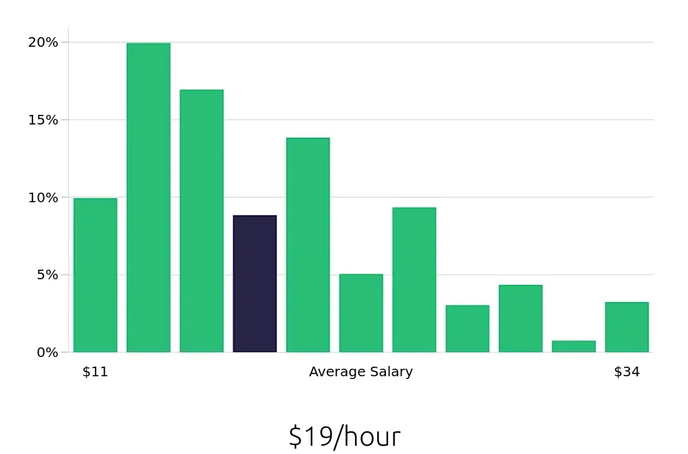 Graph depicting the hourly salary distribution for Server jobs in Mount Pleasant, SC, showing an average salary of $19 with varying distribution percentages across salary ranges.