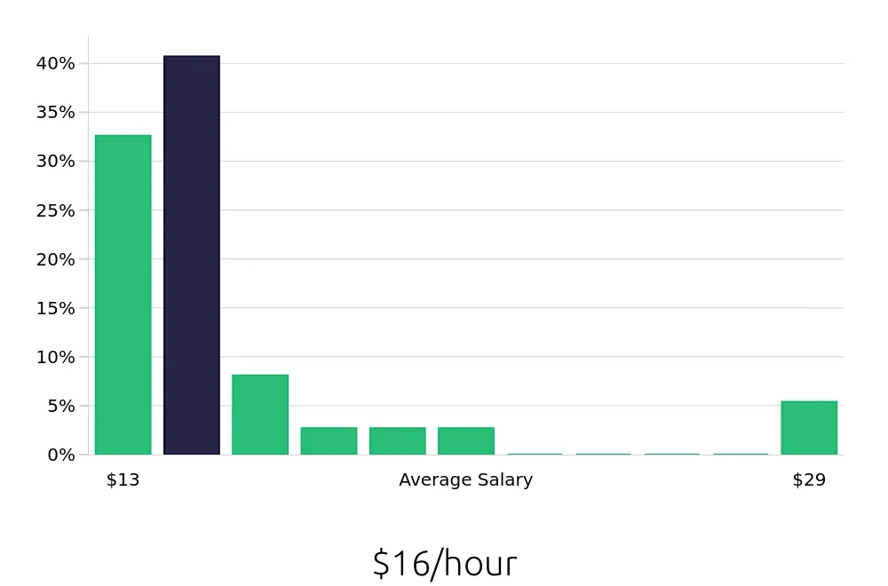 Graph depicting the hourly salary distribution for Server jobs in New Castle, DE, showing an average salary of $16 with varying distribution percentages across salary ranges.