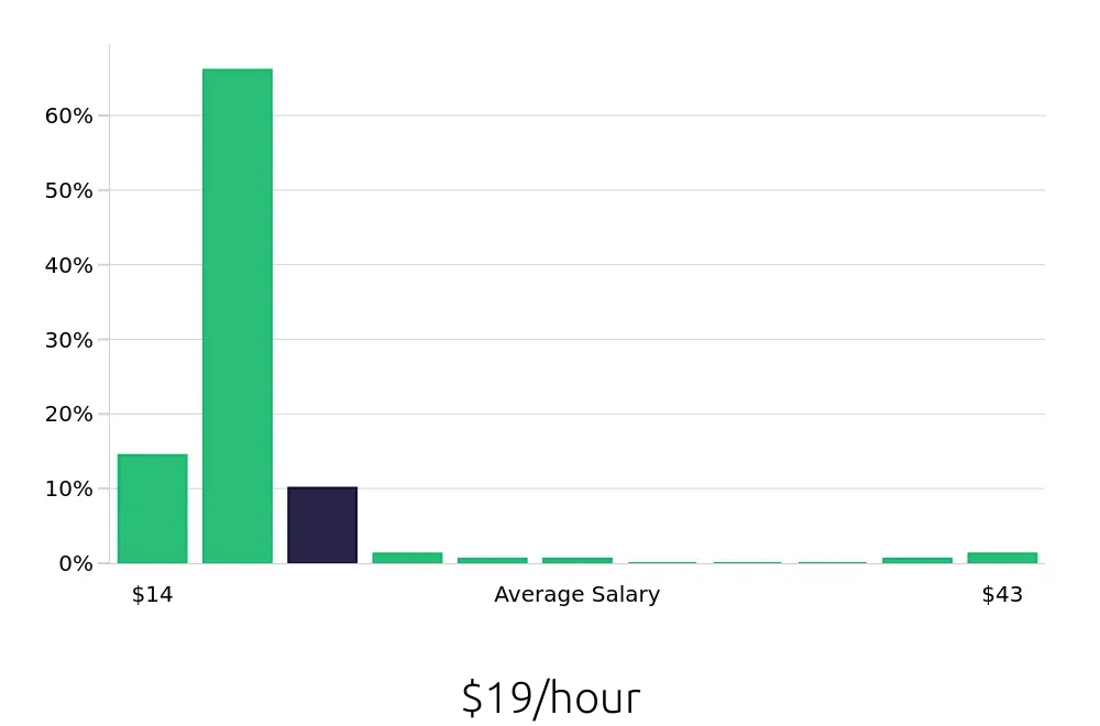 Graph depicting the hourly salary distribution for Server jobs in Newark, NJ, showing an average salary of $19 with varying distribution percentages across salary ranges.