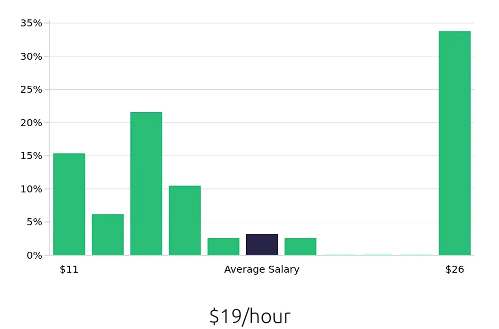 Graph depicting the hourly salary distribution for Server jobs in Peachtree Corners, GA, showing an average salary of $19 with varying distribution percentages across salary ranges.