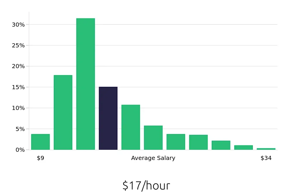 Graph depicting the hourly salary distribution for Server jobs in Pittsburgh, PA, showing an average salary of $17 with varying distribution percentages across salary ranges.