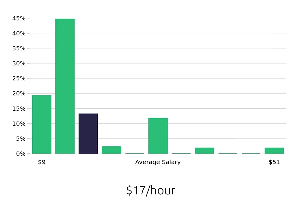 Graph depicting the hourly salary distribution for Server jobs in Port Charlotte, FL, showing an average salary of $17 with varying distribution percentages across salary ranges.