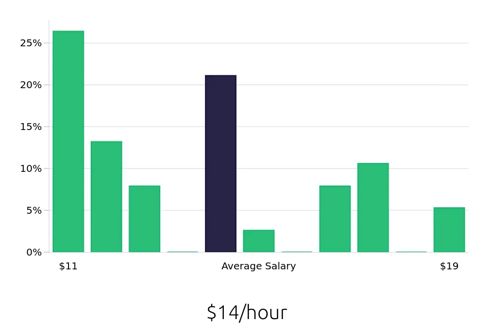 Graph depicting the hourly salary distribution for Server jobs in Richmond Hill, GA, showing an average salary of $14 with varying distribution percentages across salary ranges.