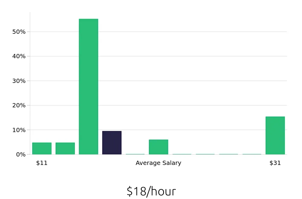 Graph depicting the hourly salary distribution for Server jobs in Rutland, VT, showing an average salary of $18 with varying distribution percentages across salary ranges.