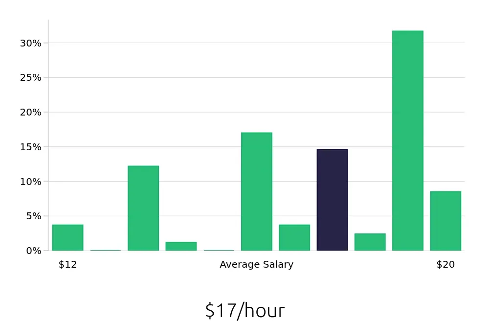 Graph depicting the hourly salary distribution for Server jobs in Smithtown, NY, showing an average salary of $17 with varying distribution percentages across salary ranges.