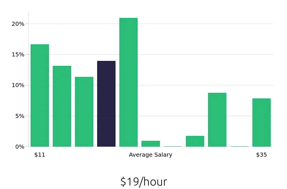 Graph depicting the hourly salary distribution for Server jobs in Stafford, TX, showing an average salary of $19 with varying distribution percentages across salary ranges.