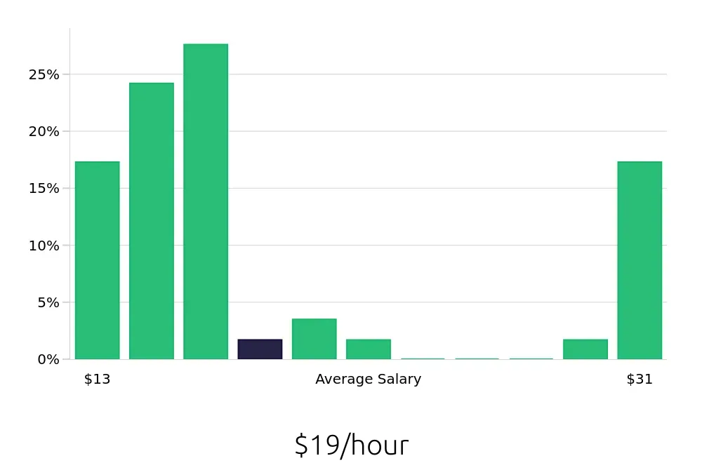 Graph depicting the hourly salary distribution for Server jobs in Tewksbury, MA, showing an average salary of $19 with varying distribution percentages across salary ranges.